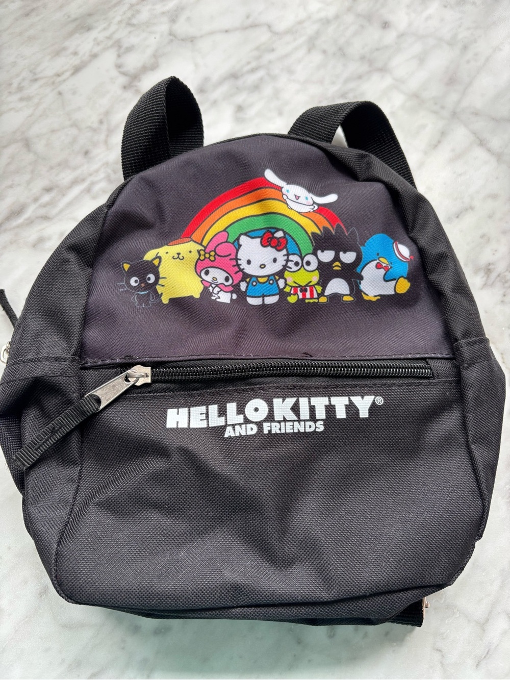Hello Kitty Black Mini Backpack with Rainbow Character Print